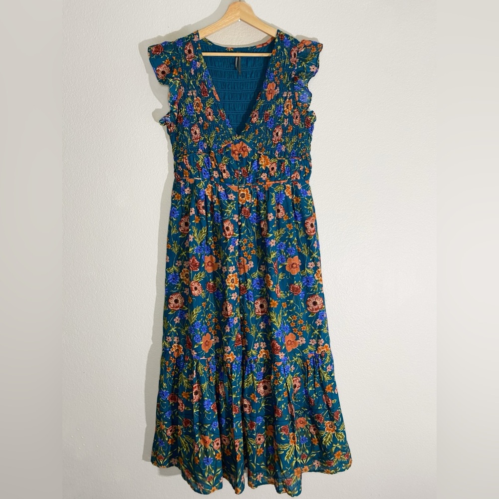 Anthropologie Peregrine Floral Blue Flutter Sleeve Midi Dress Size Large - Picture 4 of 13